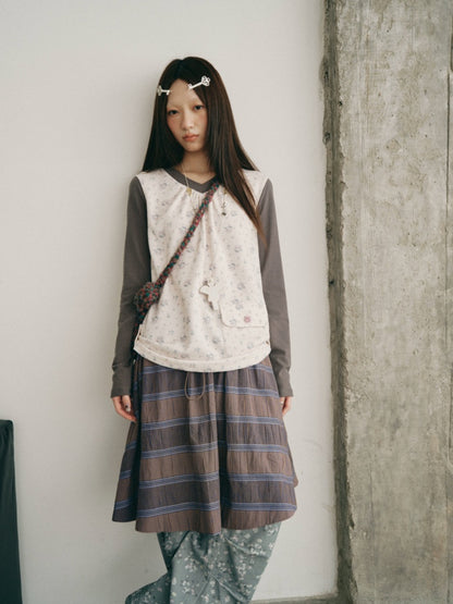 Color-Block Floral Patchwork V-Neck Pocket Long-Sleeve T-Shirt【s0000018957】