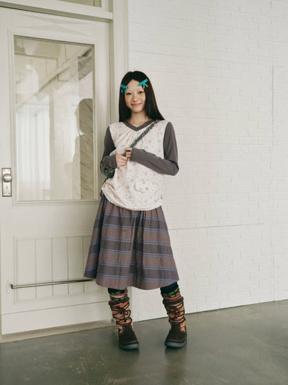 Color-Block Floral Patchwork V-Neck Pocket Long-Sleeve T-Shirt【s0000018957】