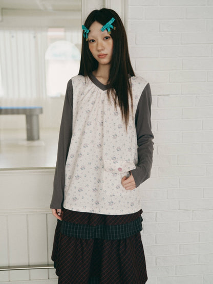 Color-Block Floral Patchwork V-Neck Pocket Long-Sleeve T-Shirt【s0000018957】