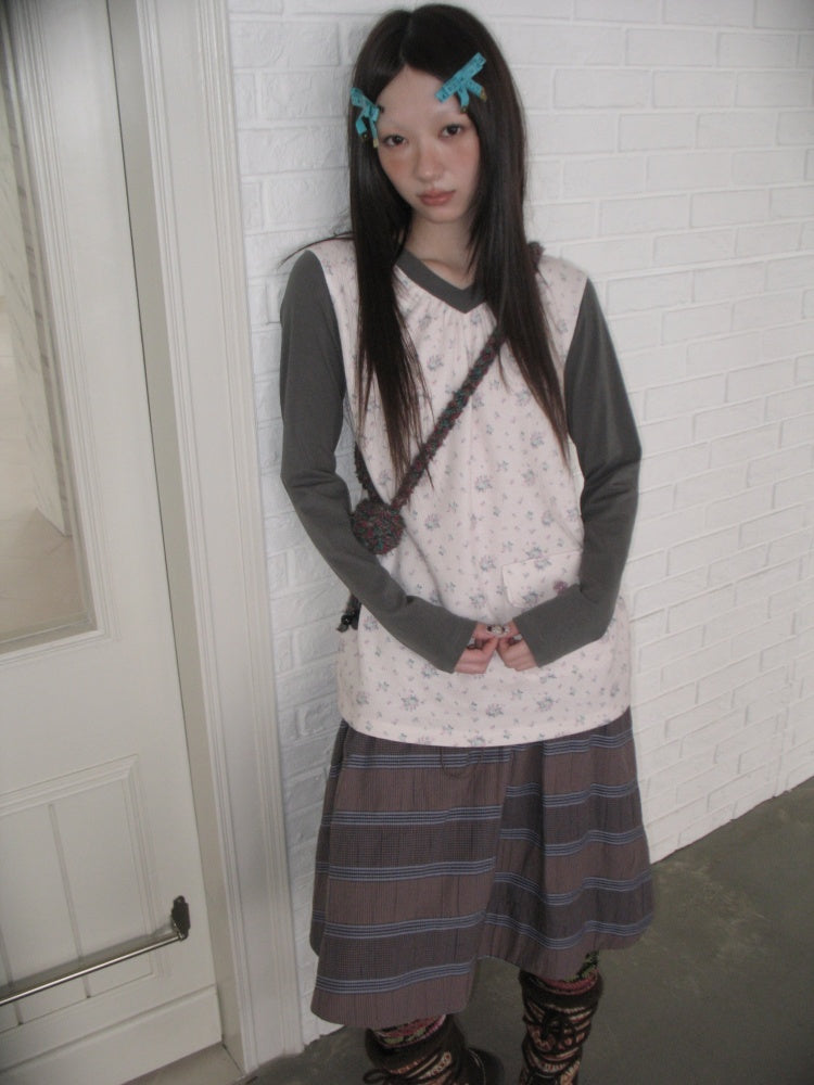 Color-Block Floral Patchwork V-Neck Pocket Long-Sleeve T-Shirt【s0000018957】
