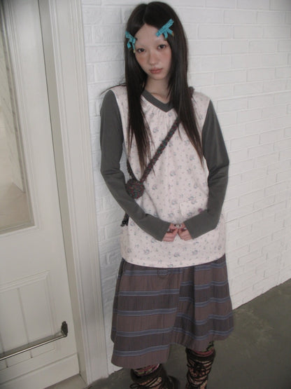 Color-Block Floral Patchwork V-Neck Pocket Long-Sleeve T-Shirt【s0000018957】