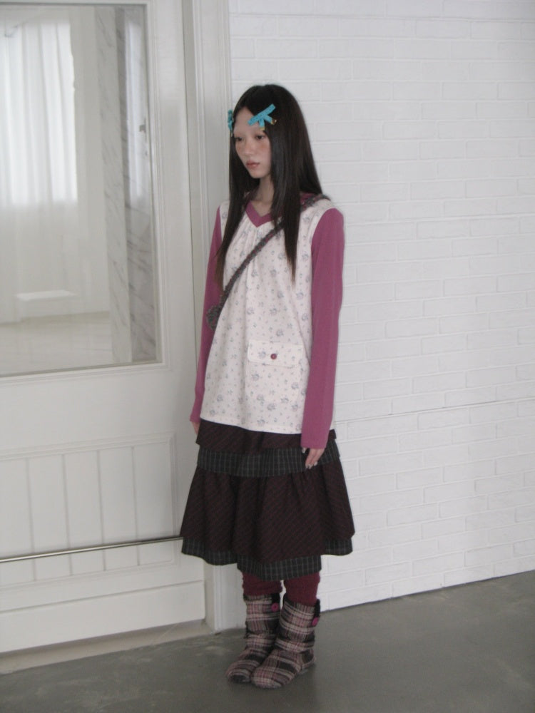 Color-Block Floral Patchwork V-Neck Pocket Long-Sleeve T-Shirt【s0000018957】