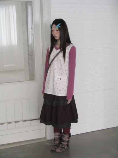 Color-Block Floral Patchwork V-Neck Pocket Long-Sleeve T-Shirt【s0000018957】