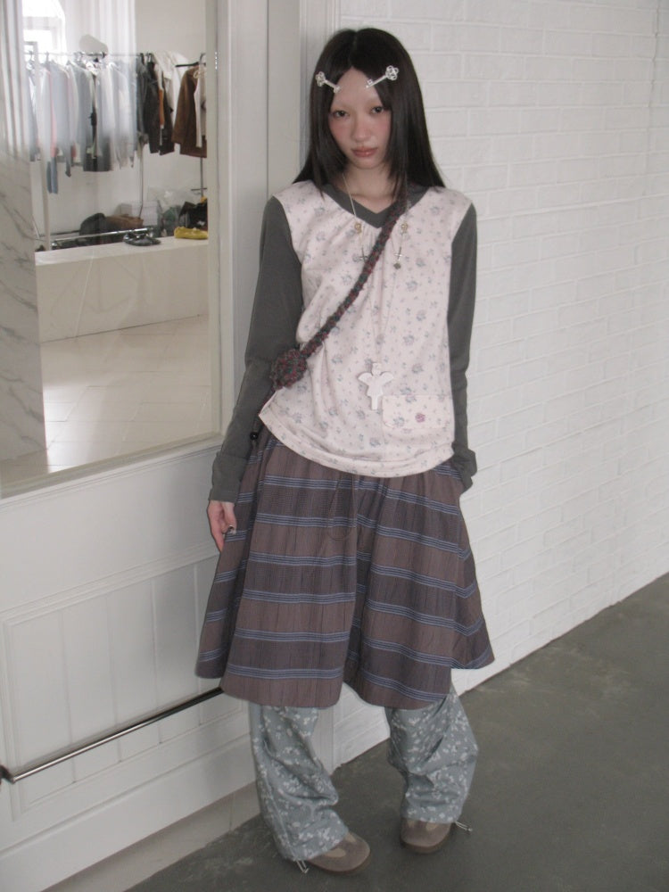 Color-Block Floral Patchwork V-Neck Pocket Long-Sleeve T-Shirt【s0000018957】