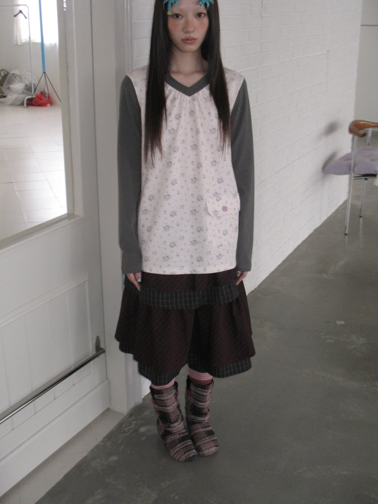 Color-Block Floral Patchwork V-Neck Pocket Long-Sleeve T-Shirt【s0000018957】