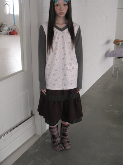Color-Block Floral Patchwork V-Neck Pocket Long-Sleeve T-Shirt【s0000018957】