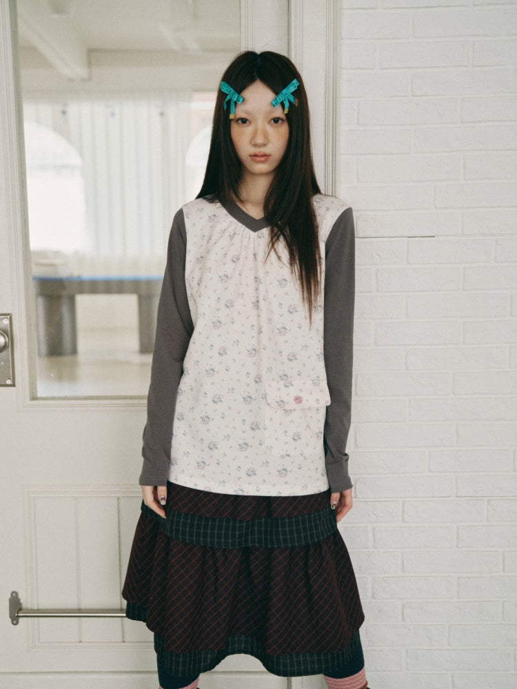 Color-Block Floral Patchwork V-Neck Pocket Long-Sleeve T-Shirt【s0000018957】