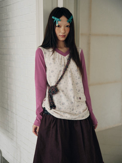 Color-Block Floral Patchwork V-Neck Pocket Long-Sleeve T-Shirt【s0000018957】