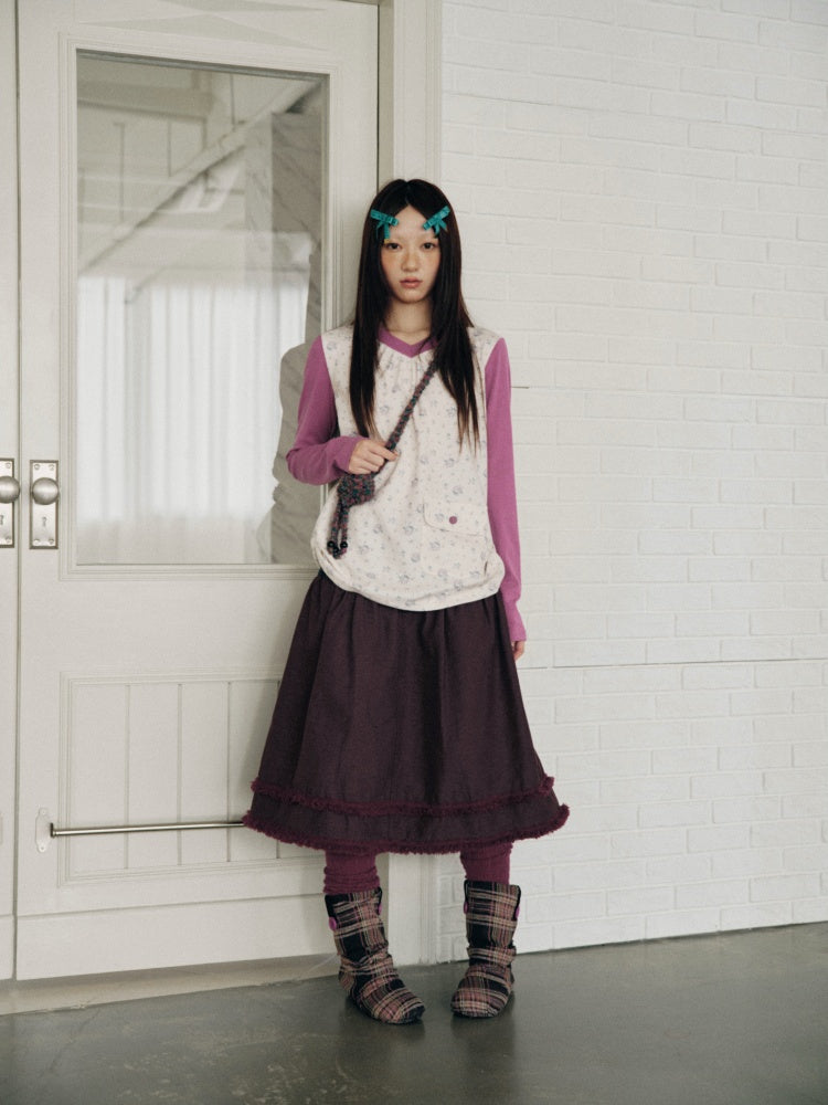 Color-Block Floral Patchwork V-Neck Pocket Long-Sleeve T-Shirt【s0000018957】