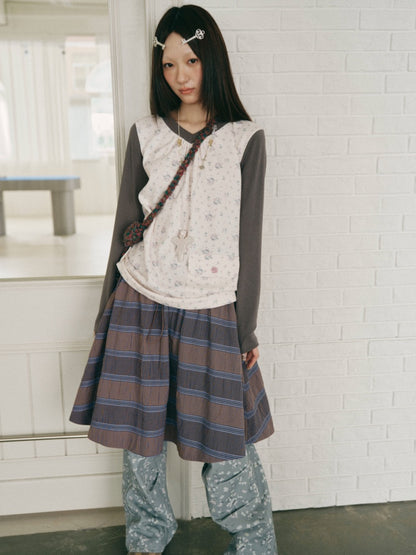 Color-Block Floral Patchwork V-Neck Pocket Long-Sleeve T-Shirt【s0000018957】