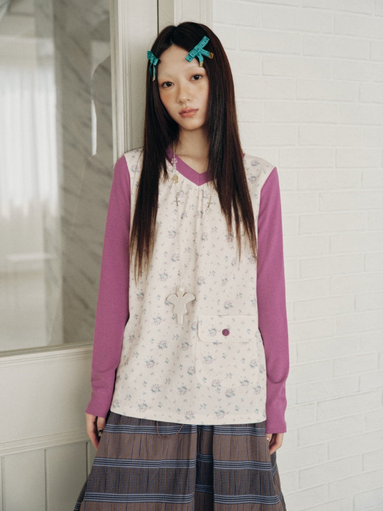Color-Block Floral Patchwork V-Neck Pocket Long-Sleeve T-Shirt【s0000018957】