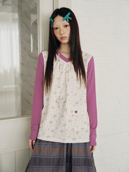Color-Block Floral Patchwork V-Neck Pocket Long-Sleeve T-Shirt【s0000018957】
