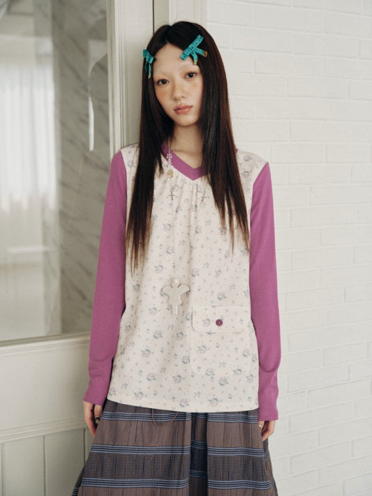 Color-Block Floral Patchwork V-Neck Pocket Long-Sleeve T-Shirt【s0000018957】