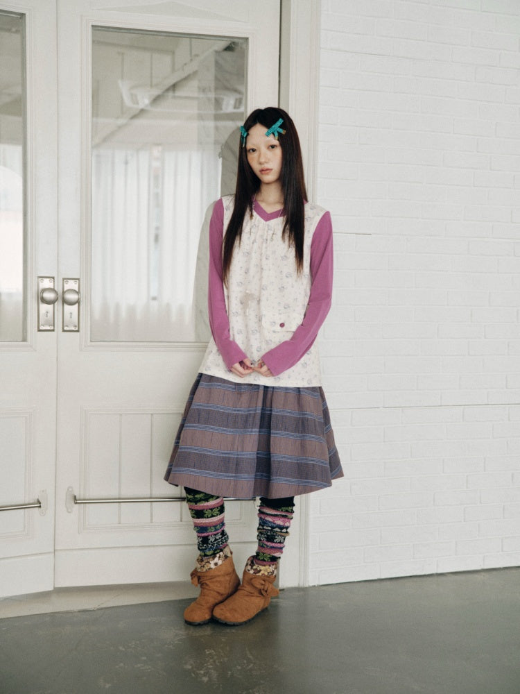 Color-Block Floral Patchwork V-Neck Pocket Long-Sleeve T-Shirt【s0000018957】