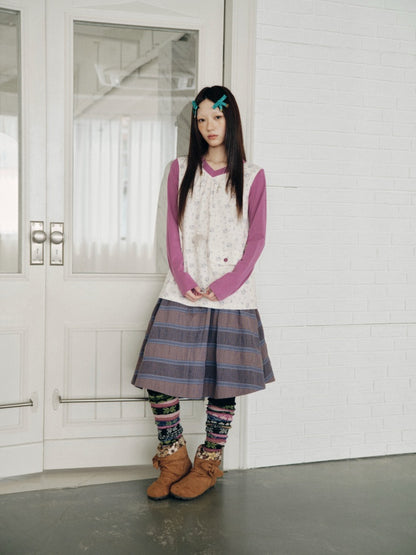Color-Block Floral Patchwork V-Neck Pocket Long-Sleeve T-Shirt【s0000018957】