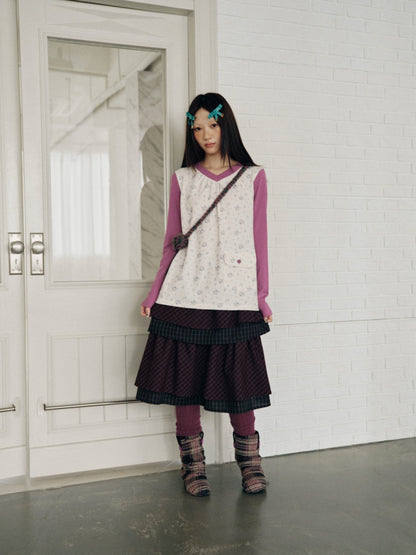 Color-Block Floral Patchwork V-Neck Pocket Long-Sleeve T-Shirt【s0000018957】
