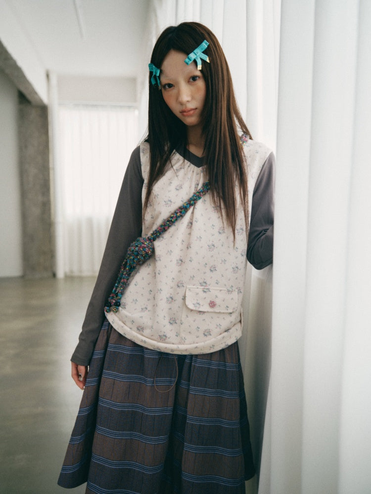 Color-Block Floral Patchwork V-Neck Pocket Long-Sleeve T-Shirt【s0000018957】