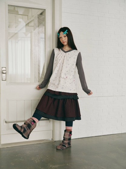 Color-Block Floral Patchwork V-Neck Pocket Long-Sleeve T-Shirt【s0000018957】