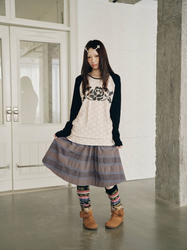 Color-Block Floral Patchwork Long-Sleeve Pockets Top【s0000018958】