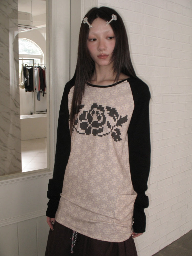 Color-Block Floral Patchwork Long-Sleeve Pockets Top【s0000018958】