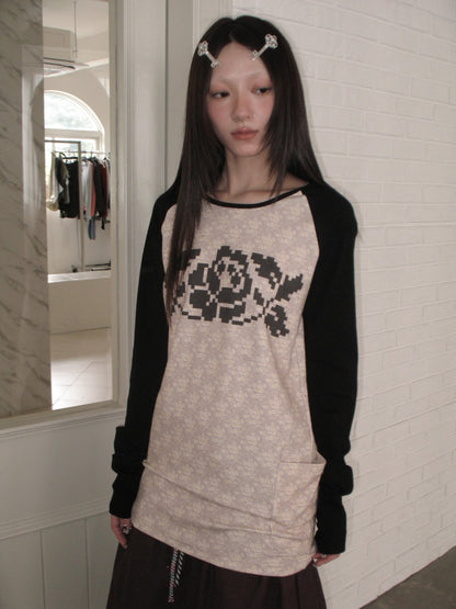 Color-Block Floral Patchwork Long-Sleeve Pockets Top【s0000018958】
