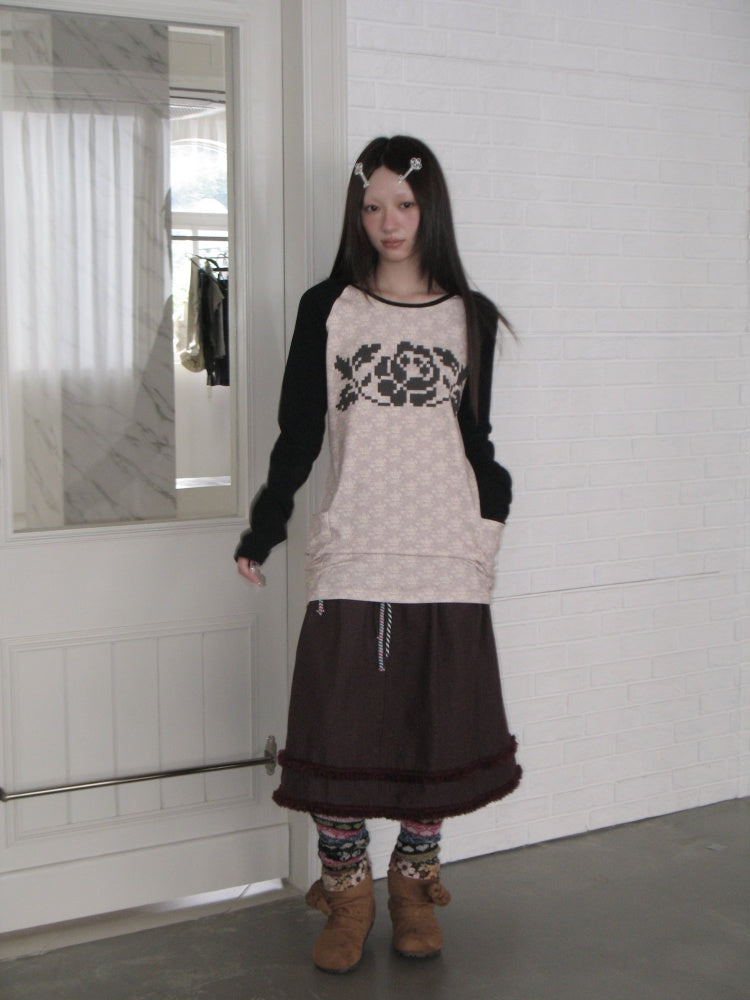 Color-Block Floral Patchwork Long-Sleeve Pockets Top【s0000018958】