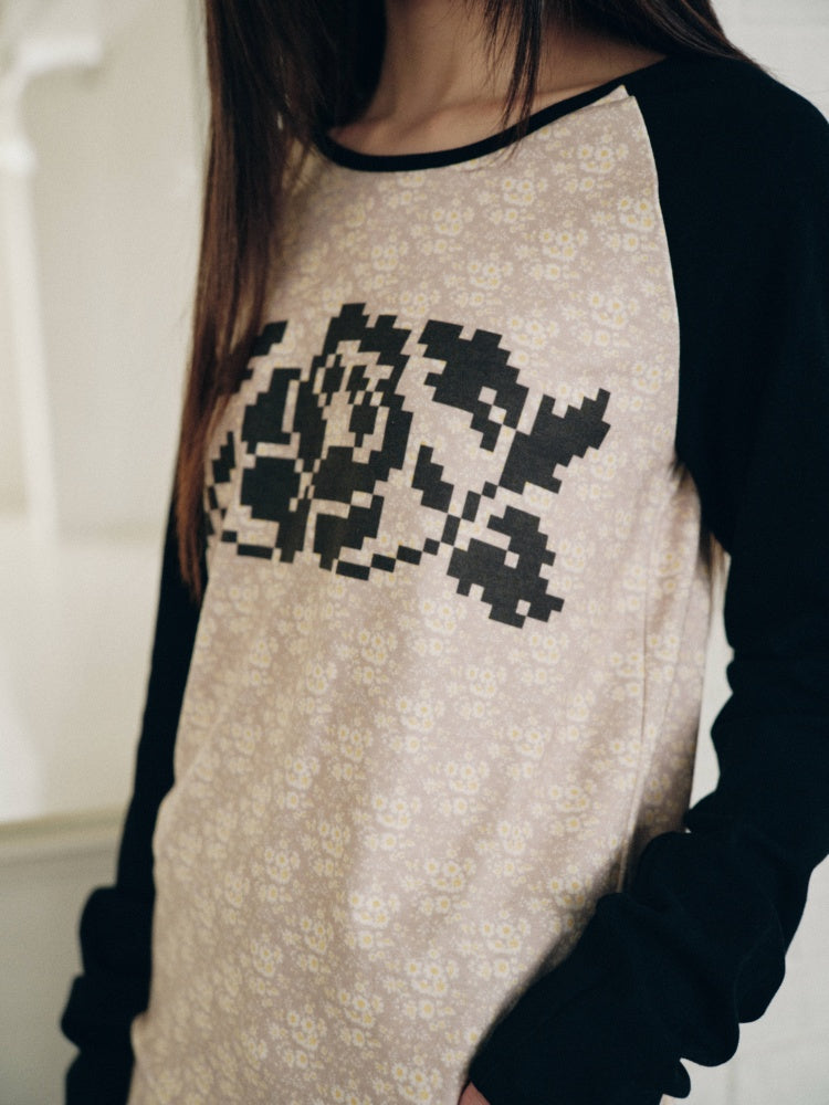 Color-Block Floral Patchwork Long-Sleeve Pockets Top【s0000018958】
