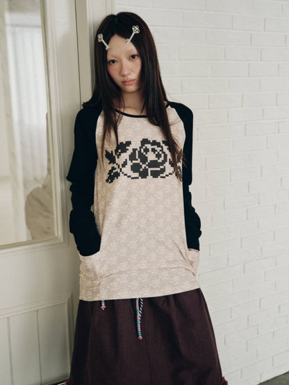 Color-Block Floral Patchwork Long-Sleeve Pockets Top【s0000018958】