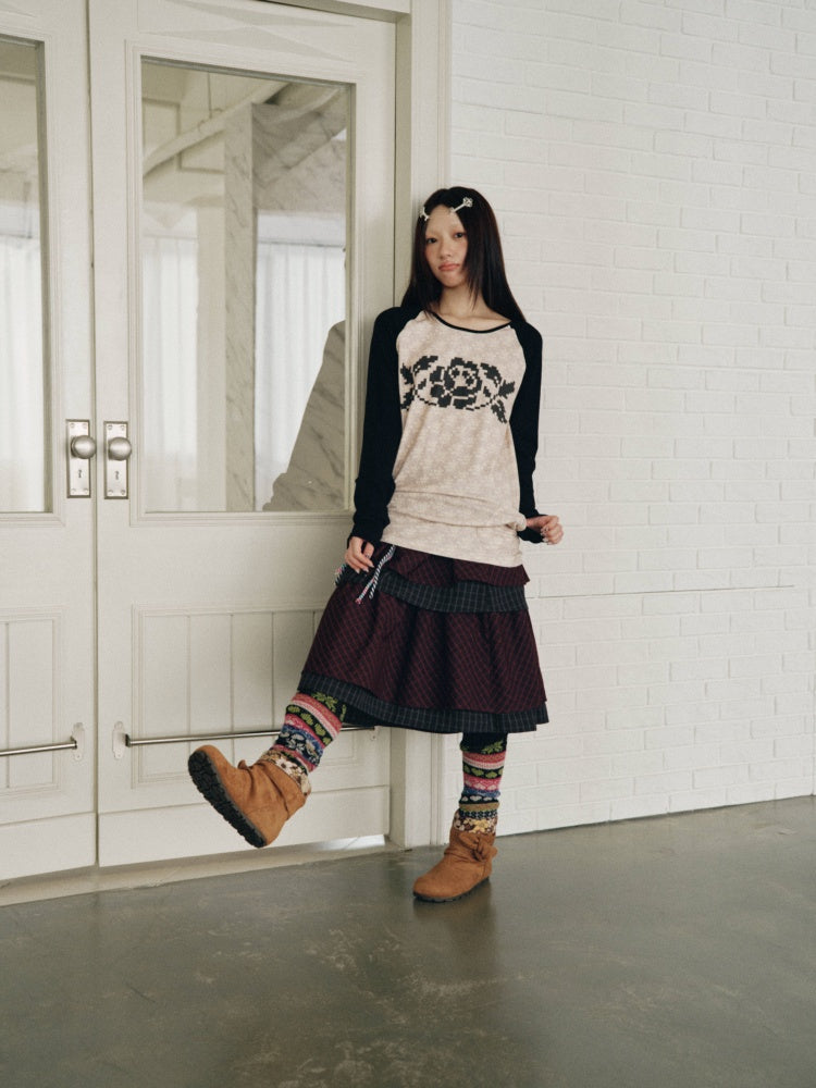 Color-Block Floral Patchwork Long-Sleeve Pockets Top【s0000018958】