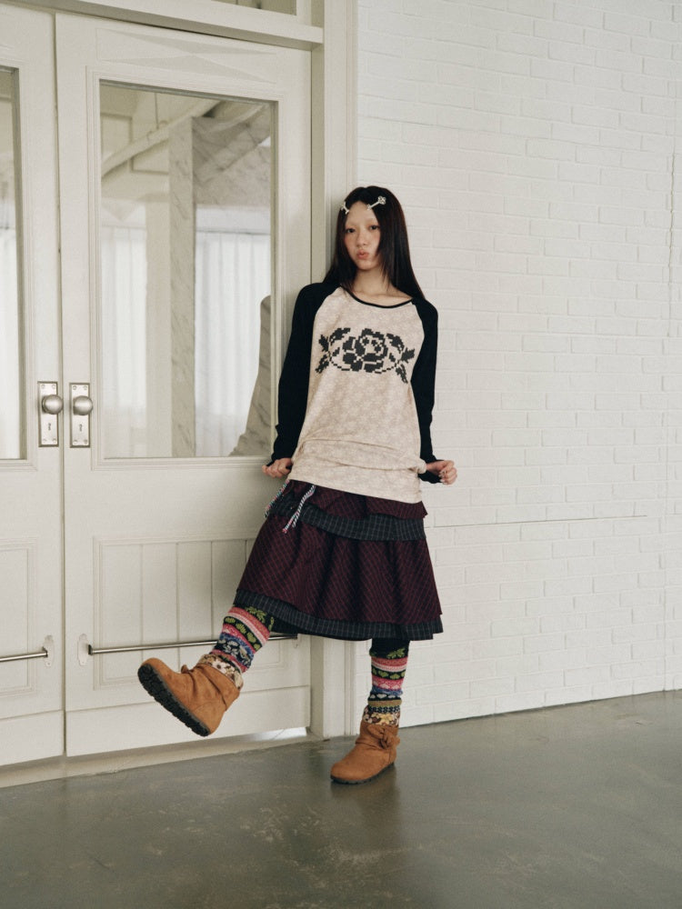 Color-Block Floral Patchwork Long-Sleeve Pockets Top【s0000018958】