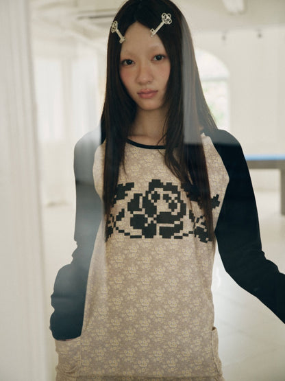 Color-Block Floral Patchwork Long-Sleeve Pockets Top【s0000018958】