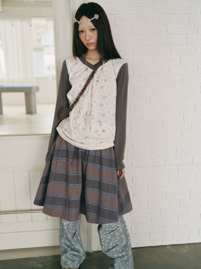 Purple-Gray Plaid Drawstring Waist Large Pockets A-Line Skirt【s0000018959】