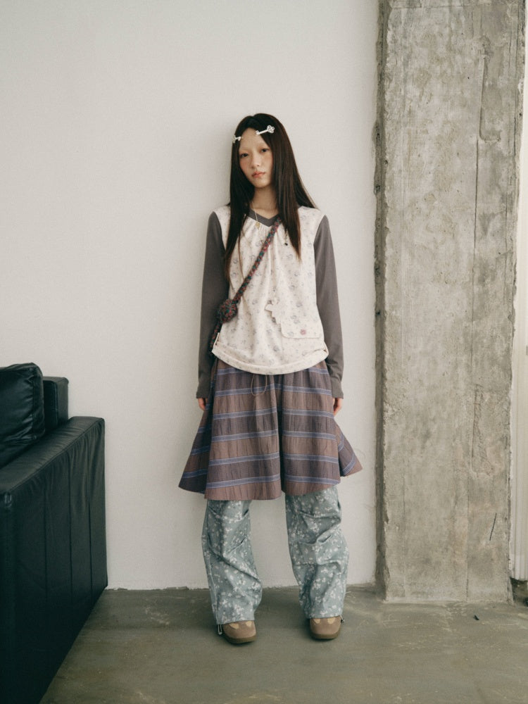 Purple-Gray Plaid Drawstring Waist Large Pockets A-Line Skirt【s0000018959】