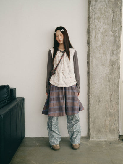 Purple-Gray Plaid Drawstring Waist Large Pockets A-Line Skirt【s0000018959】