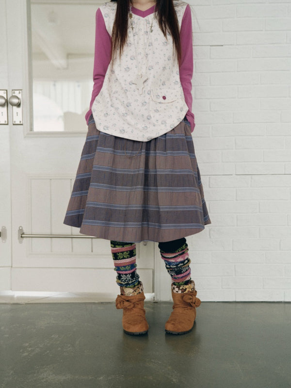 Purple-Gray Plaid Drawstring Waist Large Pockets A-Line Skirt【s0000018959】