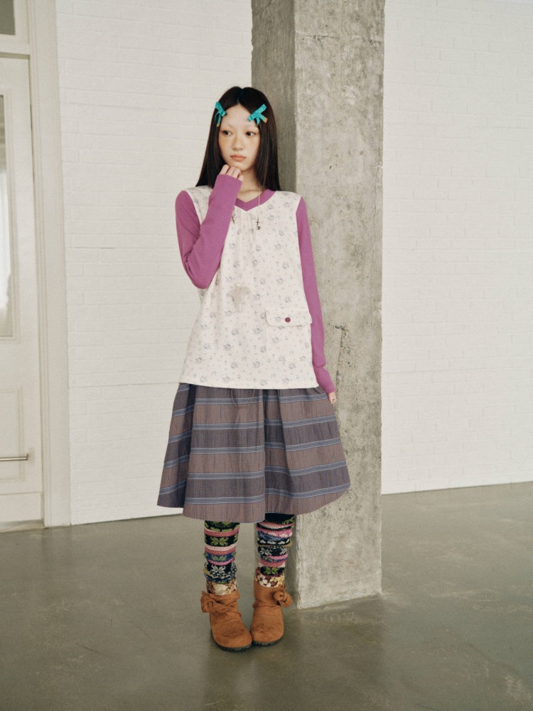 Purple-Gray Plaid Drawstring Waist Large Pockets A-Line Skirt【s0000018959】