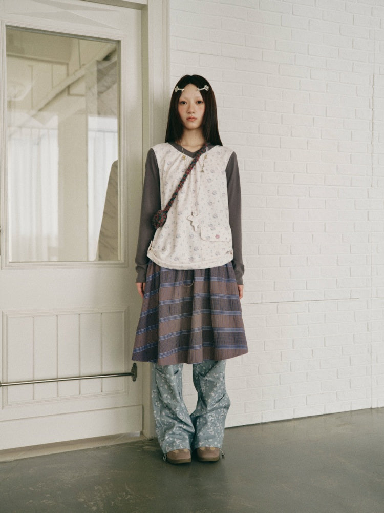 Purple-Gray Plaid Drawstring Waist Large Pockets A-Line Skirt【s0000018959】
