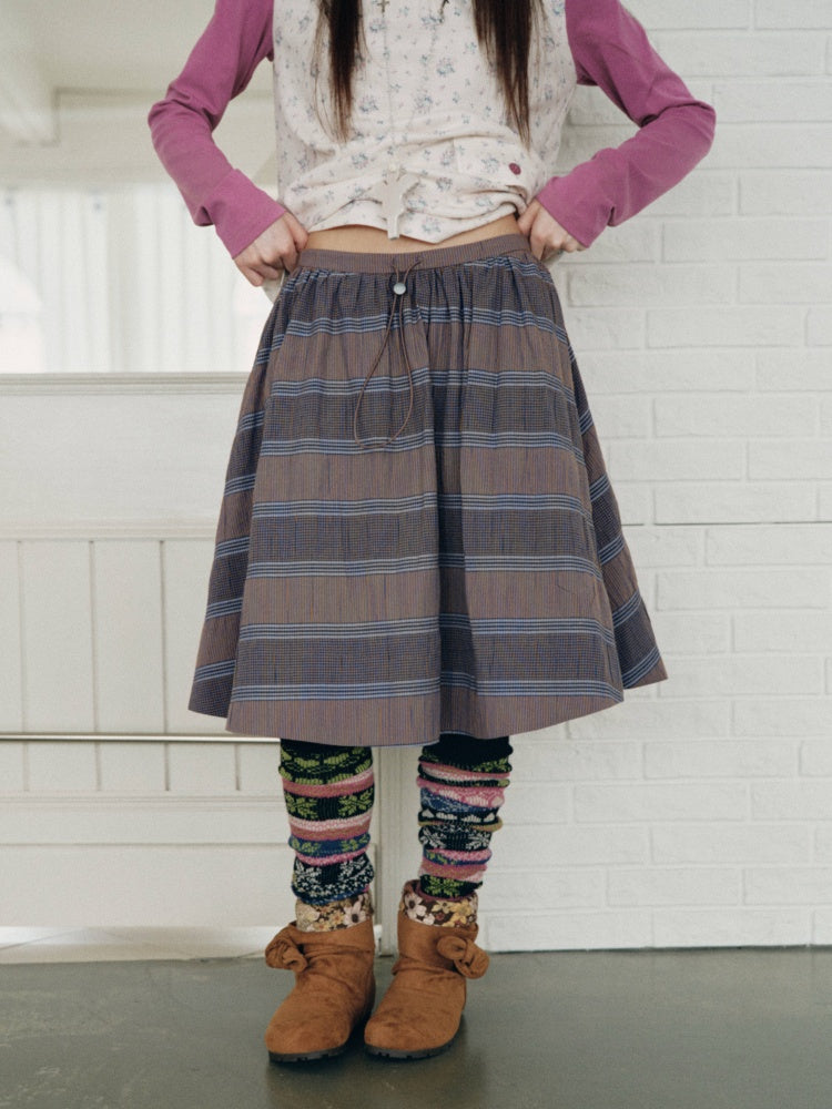 Purple-Gray Plaid Drawstring Waist Large Pockets A-Line Skirt【s0000018959】