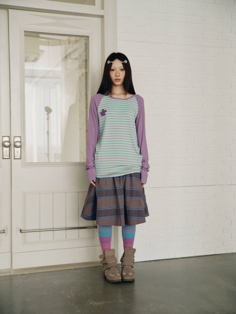Purple-Gray Plaid Drawstring Waist Large Pockets A-Line Skirt【s0000018959】