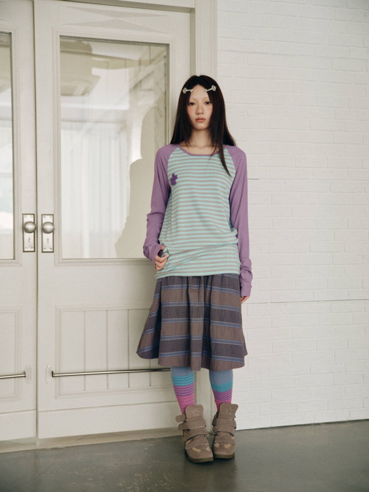 Purple-Gray Plaid Drawstring Waist Large Pockets A-Line Skirt【s0000018959】