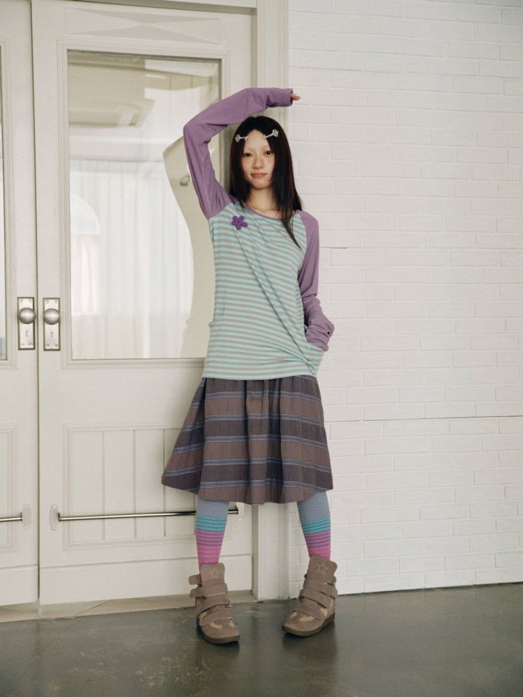 Purple-Gray Plaid Drawstring Waist Large Pockets A-Line Skirt【s0000018959】