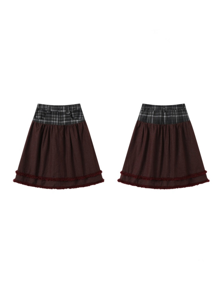 Vintage Plaid Patchwork Burgundy Lace Trim Denim Midi Skirt【s0000018960】