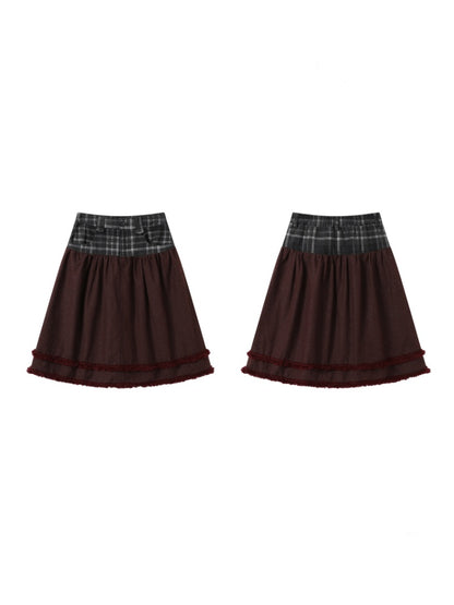 Vintage Plaid Patchwork Burgundy Lace Trim Denim Midi Skirt【s0000018960】