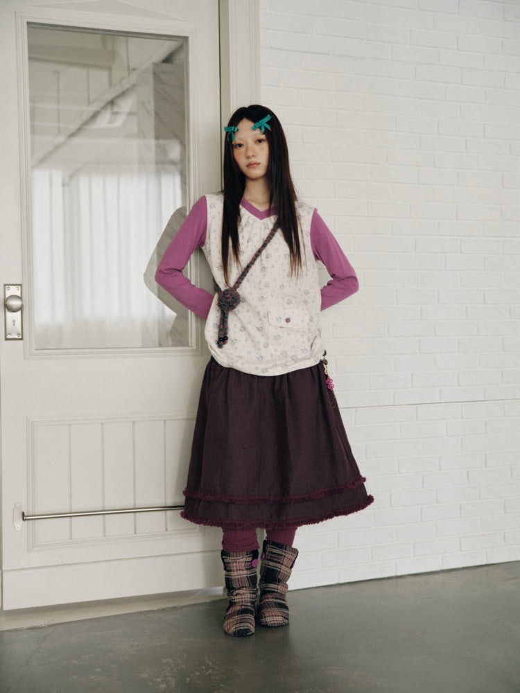 Vintage Plaid Patchwork Burgundy Lace Trim Denim Midi Skirt【s0000018960】