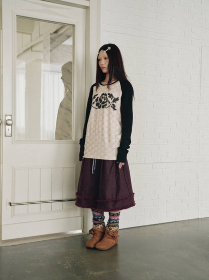 Vintage Plaid Patchwork Burgundy Lace Trim Denim Midi Skirt【s0000018960】