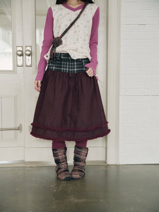 Vintage Plaid Patchwork Burgundy Lace Trim Denim Midi Skirt【s0000018960】