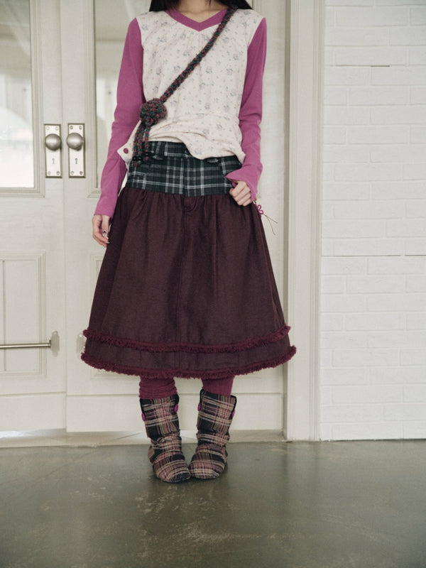 Vintage Plaid Patchwork Burgundy Lace Trim Denim Midi Skirt【s0000018960】