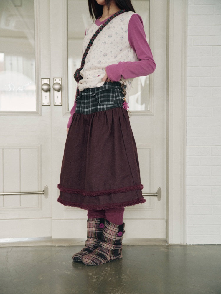 Vintage Plaid Patchwork Burgundy Lace Trim Denim Midi Skirt【s0000018960】
