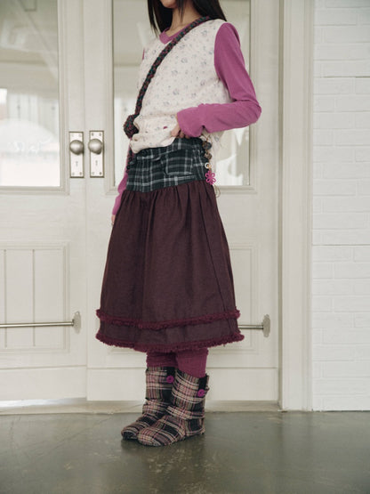 Vintage Plaid Patchwork Burgundy Lace Trim Denim Midi Skirt【s0000018960】