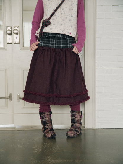 Vintage Plaid Patchwork Burgundy Lace Trim Denim Midi Skirt【s0000018960】